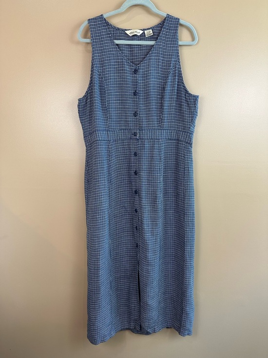 Eddie Bauer Dresses & Skirts - Vtg Eddie Bauer Navy Blue Plaid Sleeveless Dress XL Pinafore Jumper Cottagecore